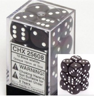 Chessex Opaque 16mm 12D6 Dice Set Black/White