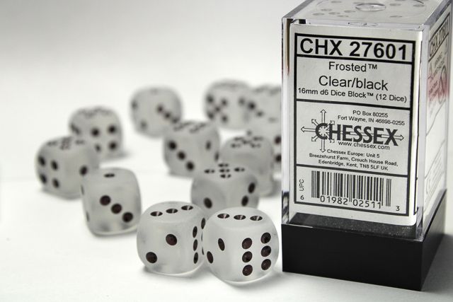 Chessex Frosted 16mm 12D6 Dice Set Clear/Black