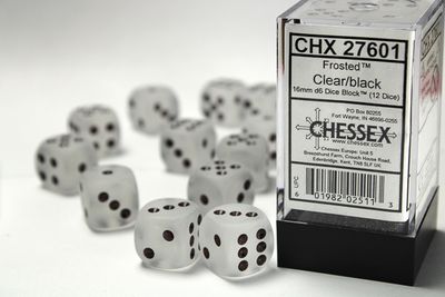 Chessex Frosted 16mm 12D6 Dice Set Clear/Black