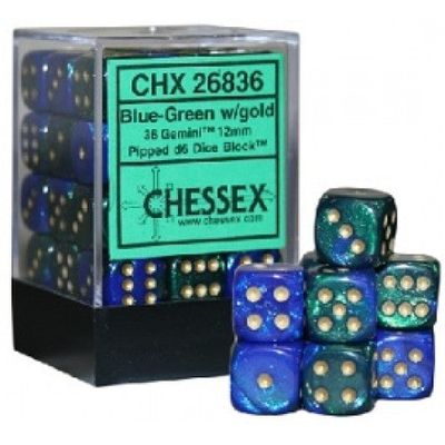 Chessex Gemini 12mm 36D6 Dec Set Blue-Green/Gold