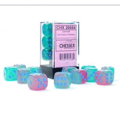 Chessex Gemini 16mm 12D6 Dice Set Gel Green-Pink/Blue Luminary