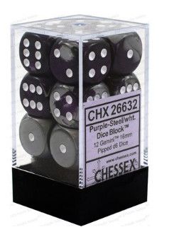 Chessex Gemini 16mm 12D6 Dice Set Purple-Steel/White