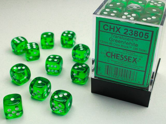 Chessex Translucent 12mm 36D6 Dice Set Green/White