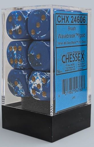 Chessex Brush 16mm 12D6 Dice Set Wavebreak/Gold