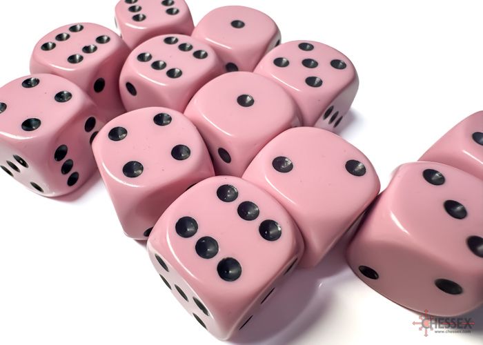Chessex Opaque 16mm 12D6 Dice Set Pastel Pink/Black