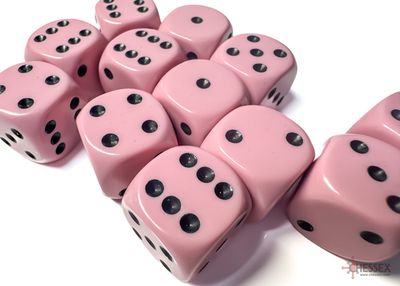 Chessex Opaque 16mm 12D6 Dice Set Pastel Pink/Black
