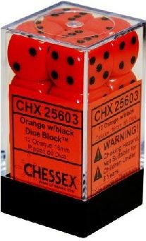 Chessex Opaque 16mm 12D6 Dice Set Orange/Black
