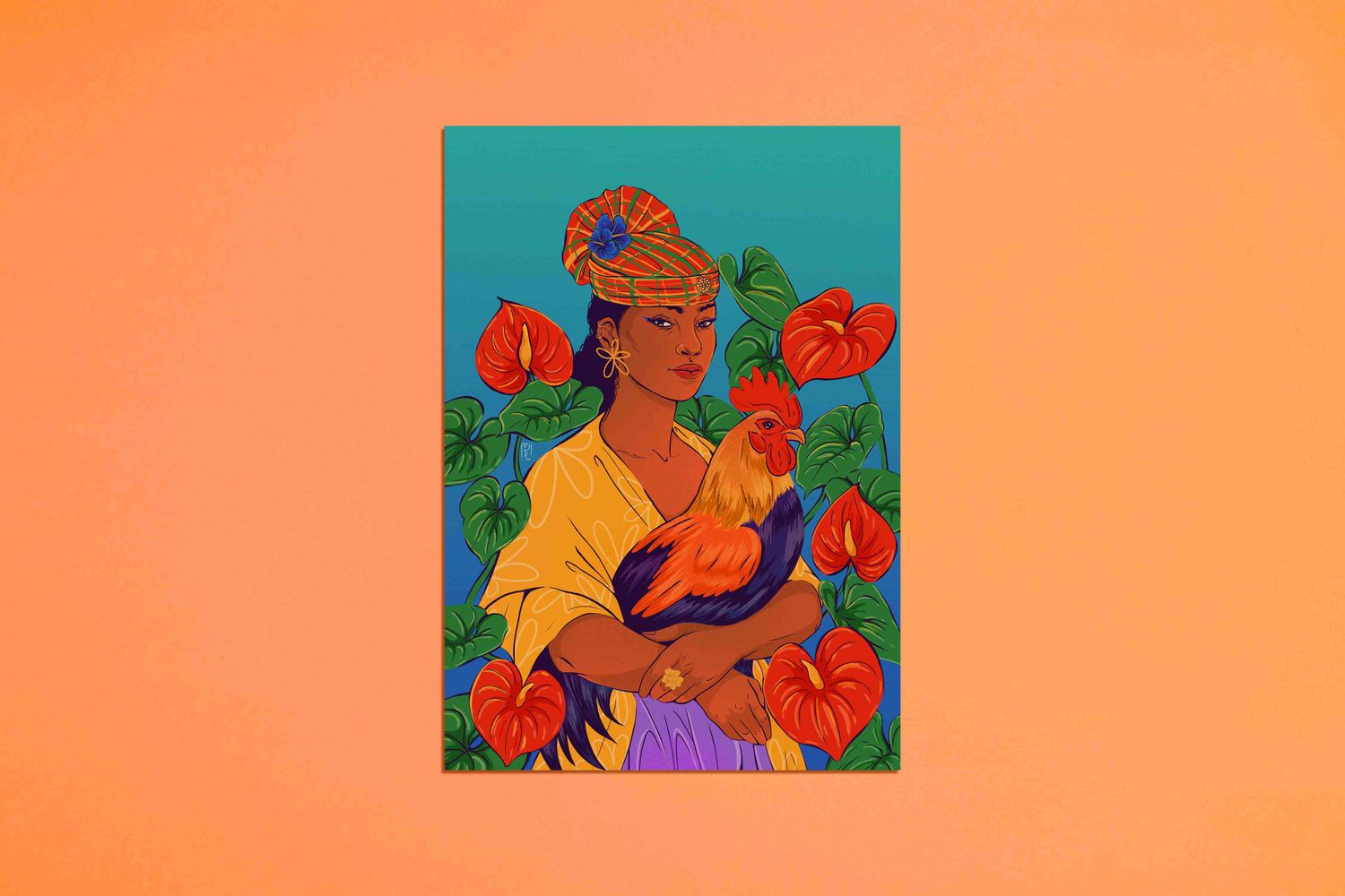 Portrait femme au coq