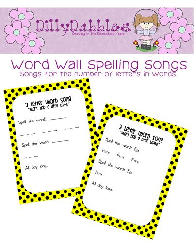 Word Wall Songs ~ Songs for Spelling words with 2-9 letters