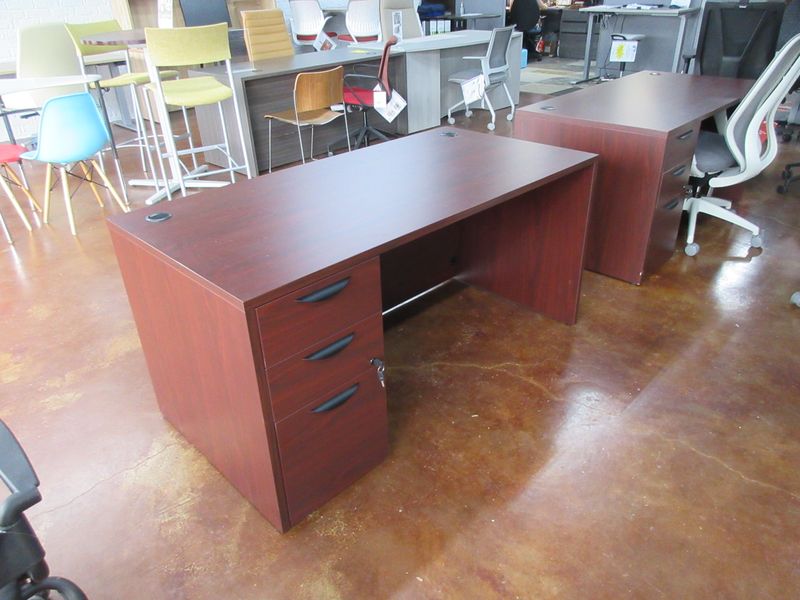 Clearance! Mahogany Laminate 30"x60" Desk With Drawer Pedestal
