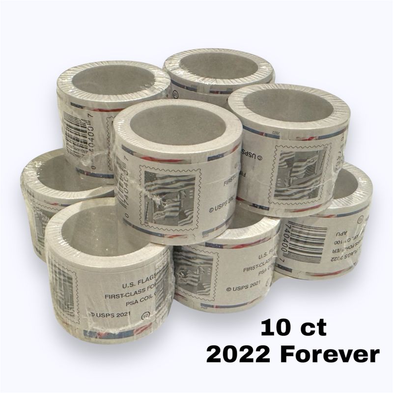(10) 2022 Forever Stamps US Flag First Class Postage Stamps Coil of 100 PCS/Roll
