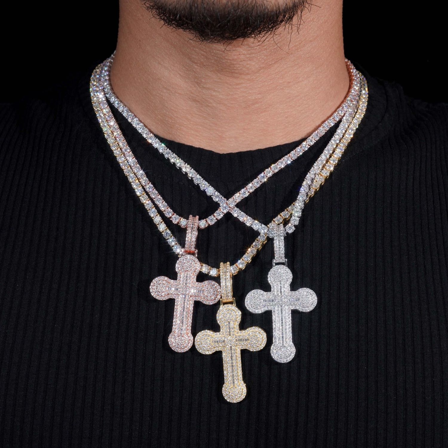 Baguette and Round Moissanite Cross Pendant, Colour: Rose, Material: 925 Silver