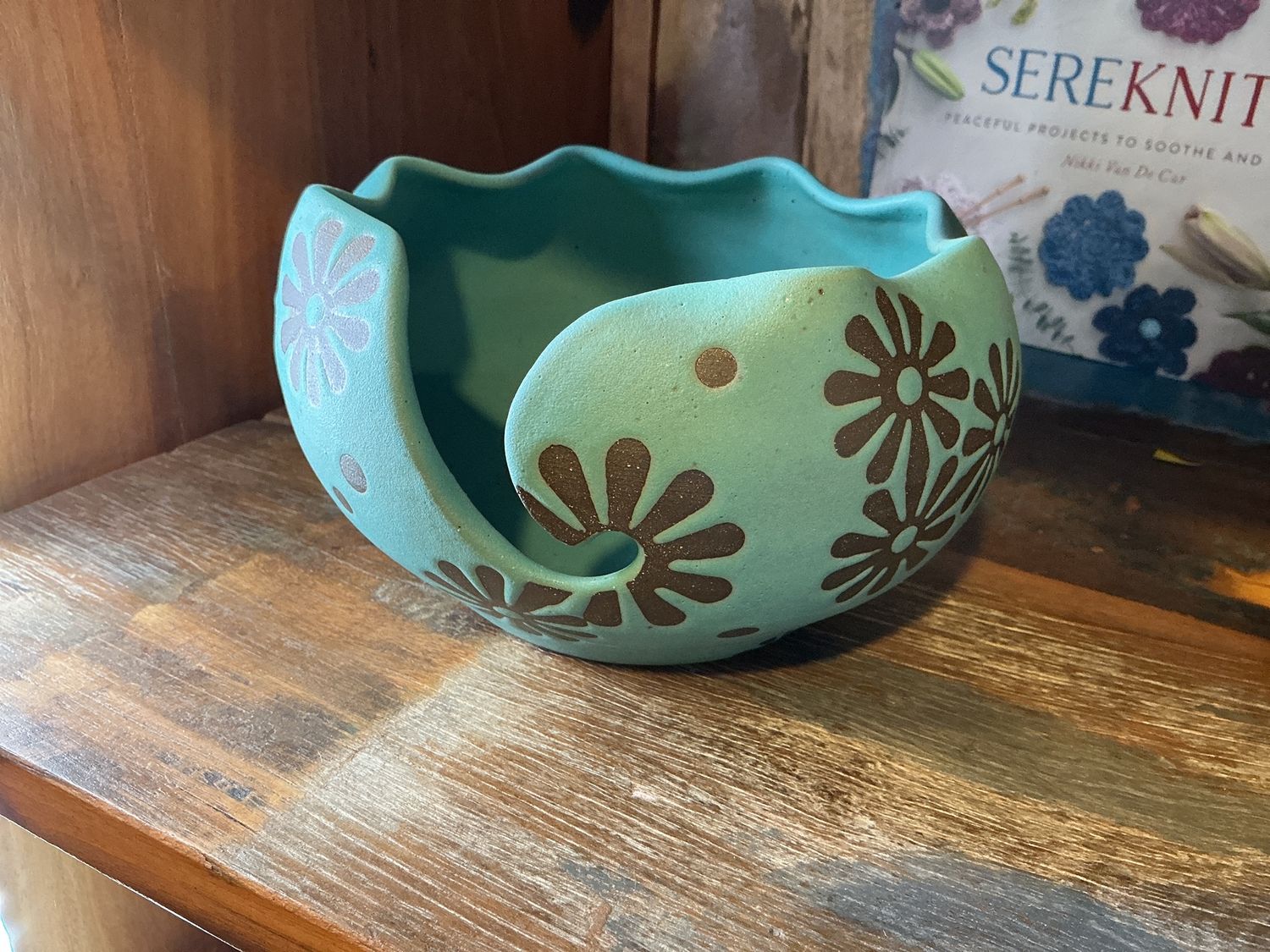 Pottery Yarn Bowl Aqua Flower
