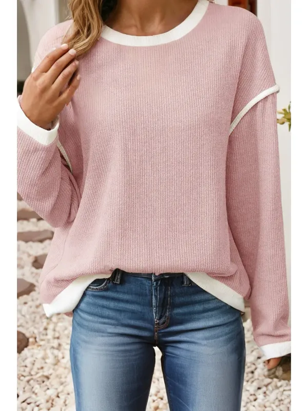 Contrast Color Trim Drop Shoulder Sweater