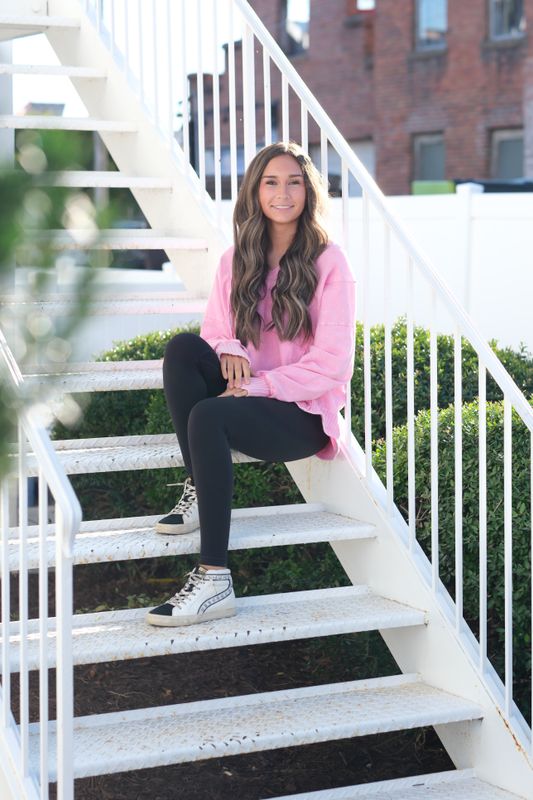 J Her V Neck Hoodie with Thumbholes Bubblegum