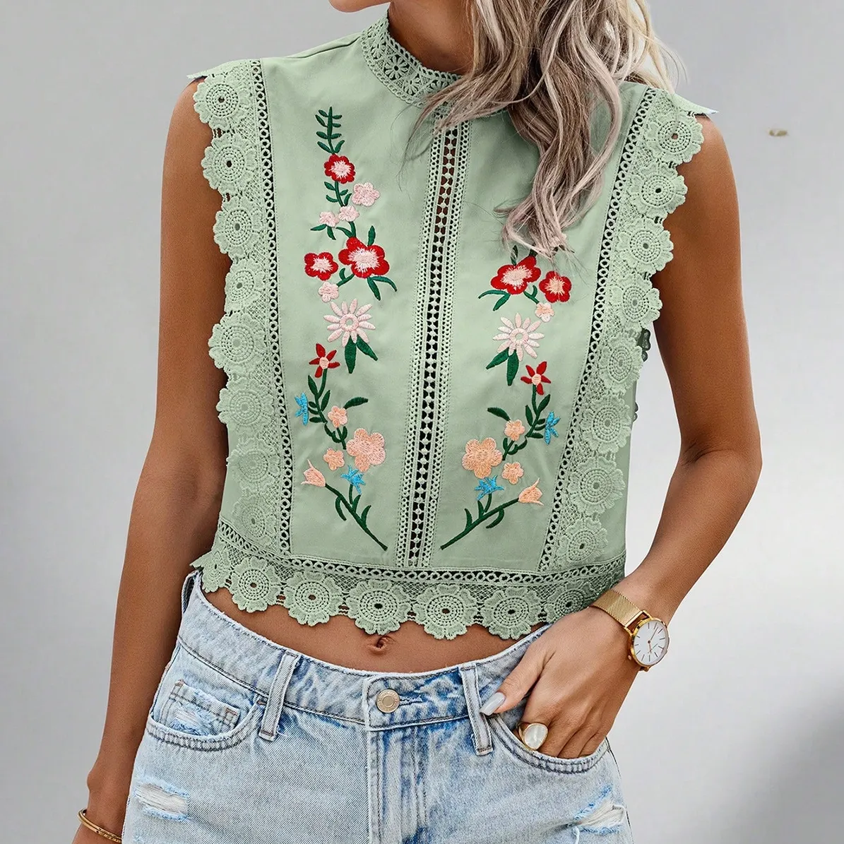 Lace Embroidered Round - Neck Hollowed - out Shirt, Size: Small, Color: Matcha