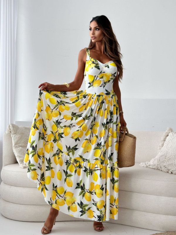 Halter Print Lemon Long Dress - Yellow
