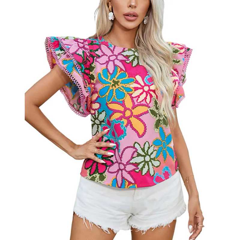 Ruffled Ethnic Style Printed Short - Sleeved Top