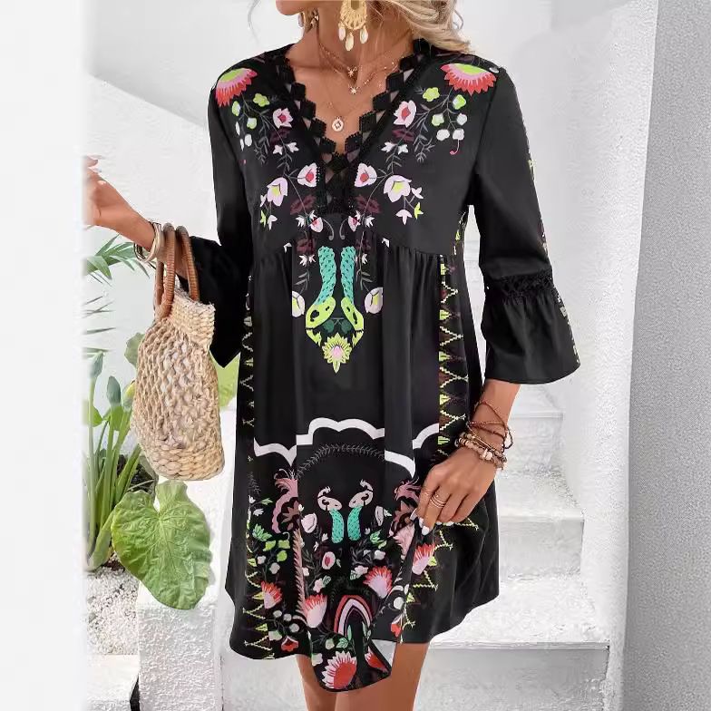 V -  Neck Lace Patchwork Printed Dress, Size: Small, Color: Black