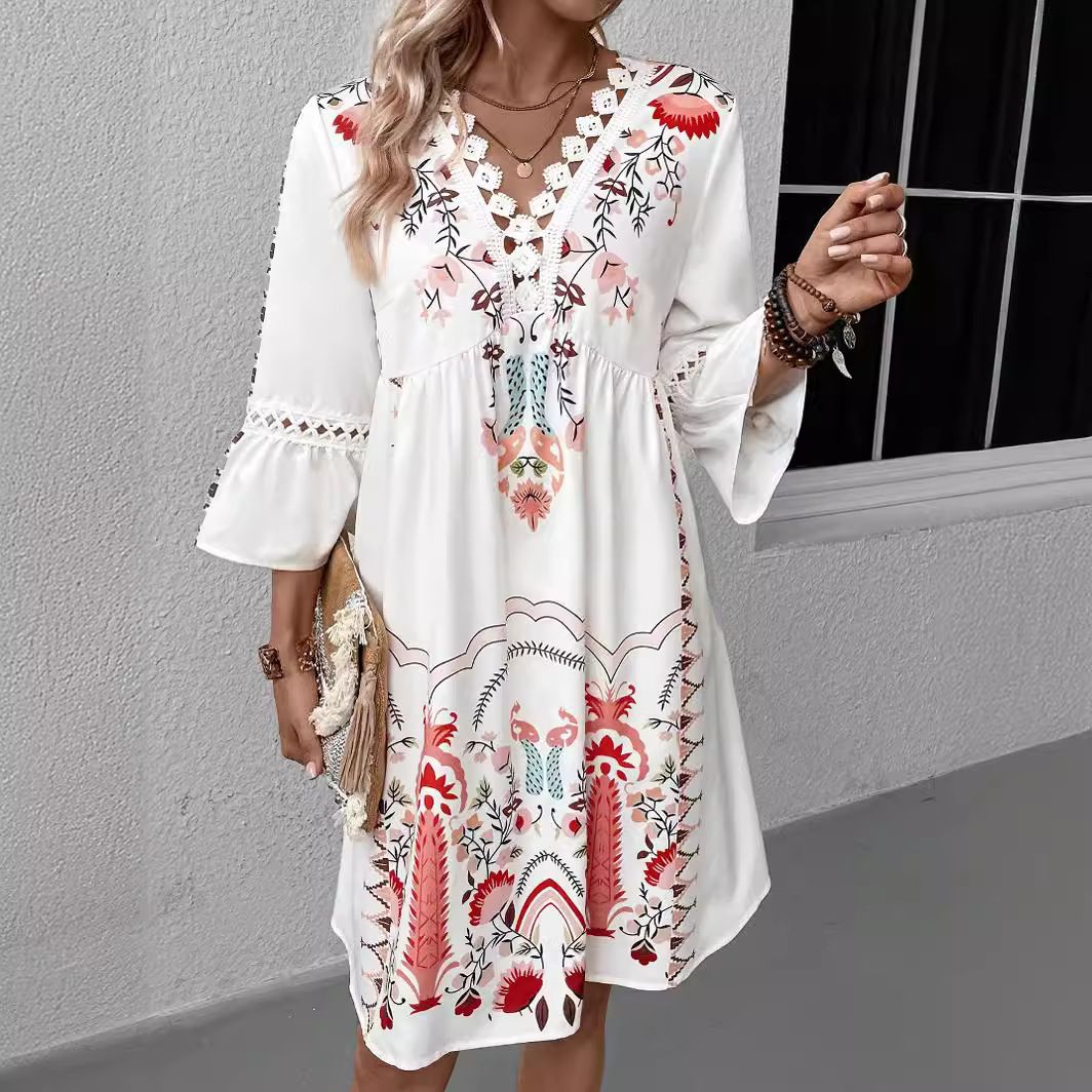V -  Neck Lace Patchwork Printed Dress