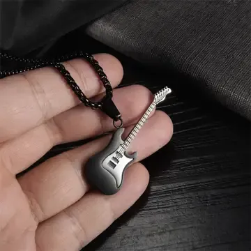 Necklaces, design: Classic Guitar Charm Pendant Necklace in Stainless Steel 70cm Chain, Black
