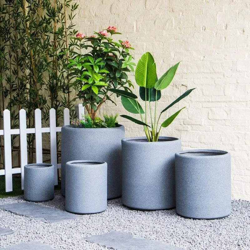 Modern Round Fiber Clay Planters -  Grey