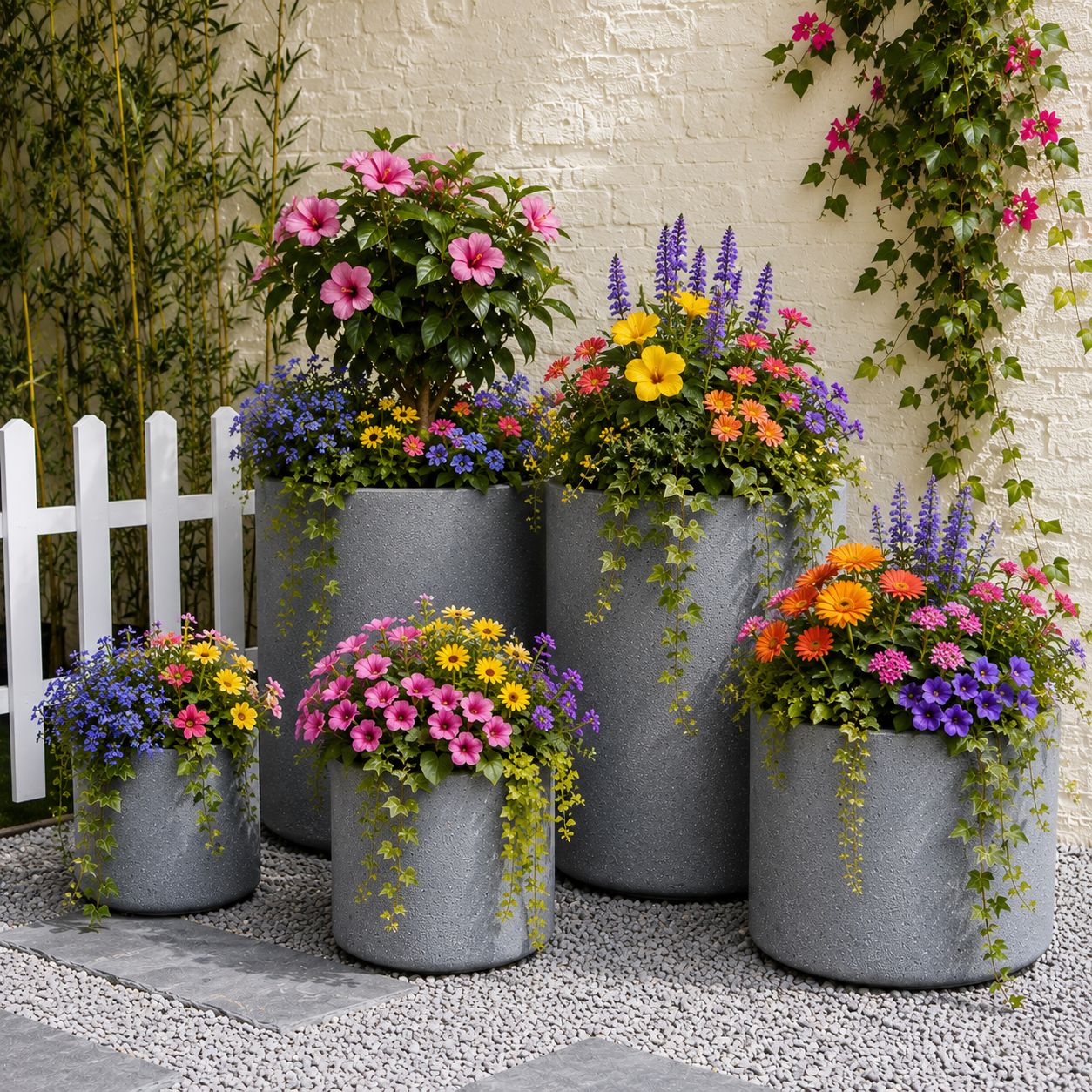 Modern Round Fiber Clay Planters -  Grey