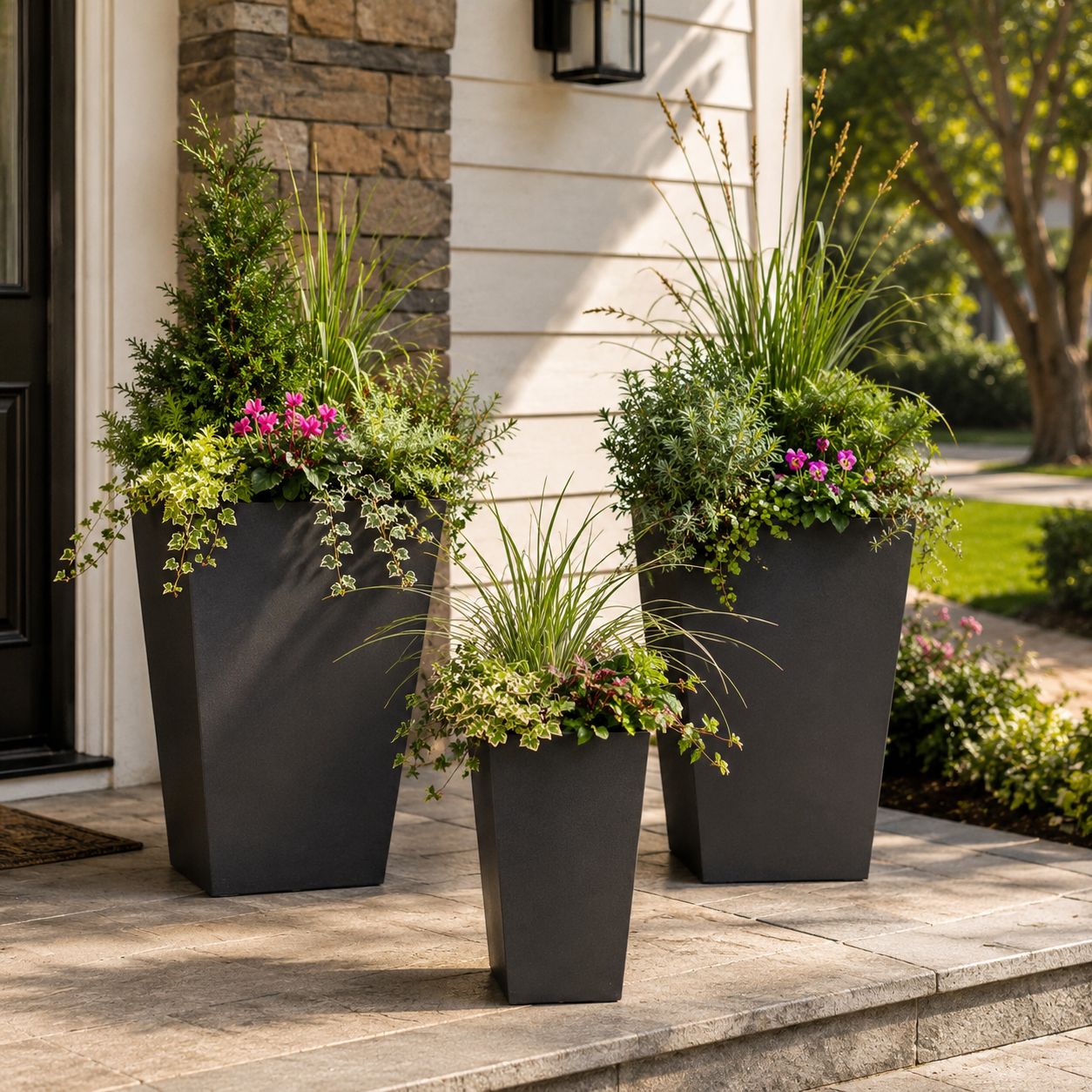 Tapered Rectangular Fiber Clay Planters - Black