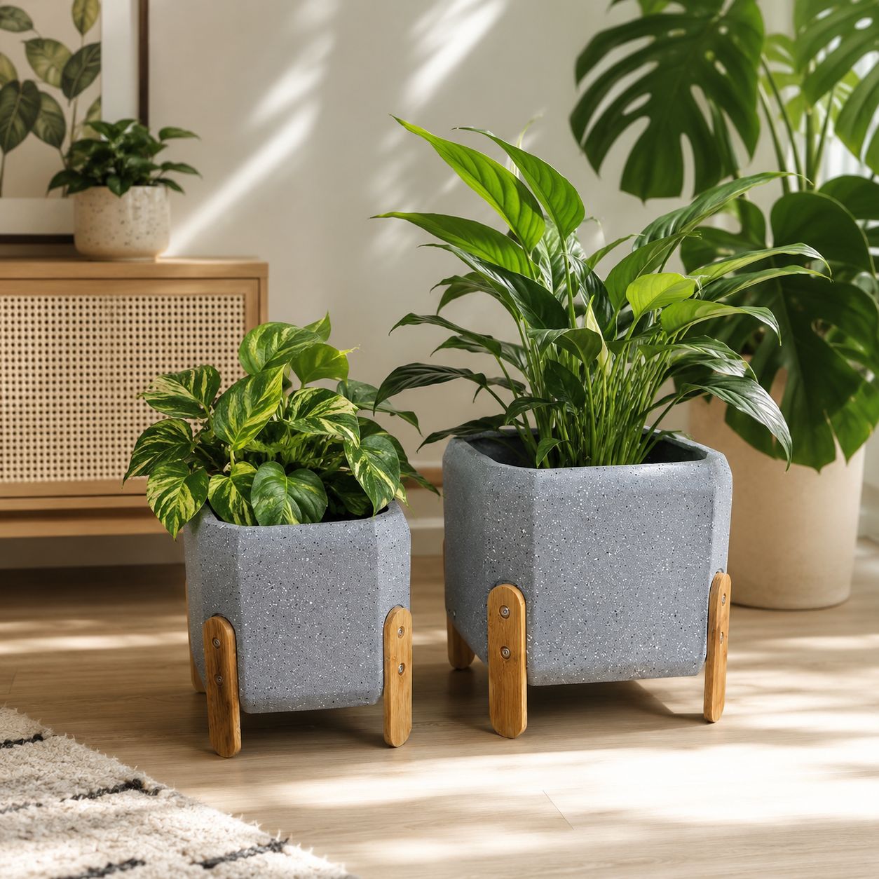Grey Cube Fiber Clay Planters with Wood Colored Legs