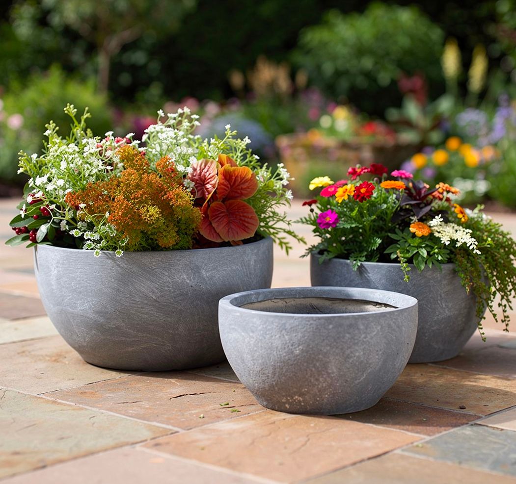 Shallow Bowl Fiber Clay Planters - Grey