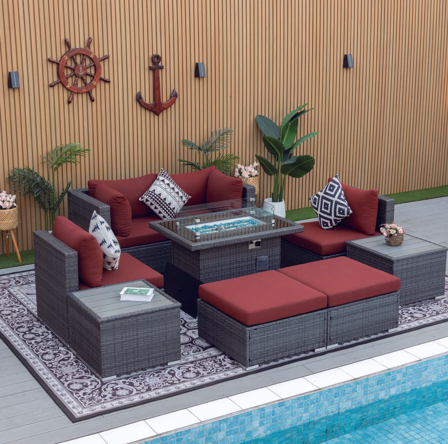 Red Sofa Set with Fire Table