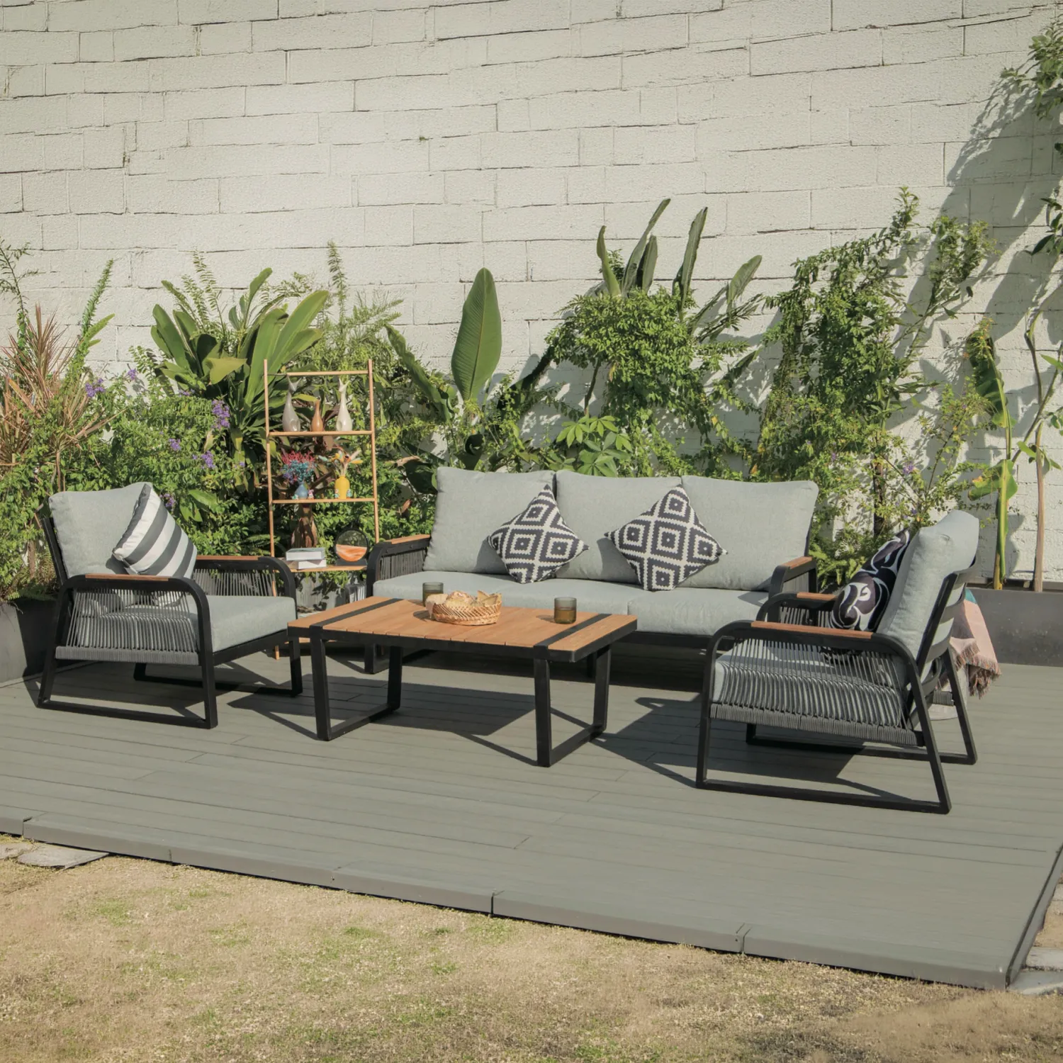 Patio Set - Black Frame - Grey Cushions