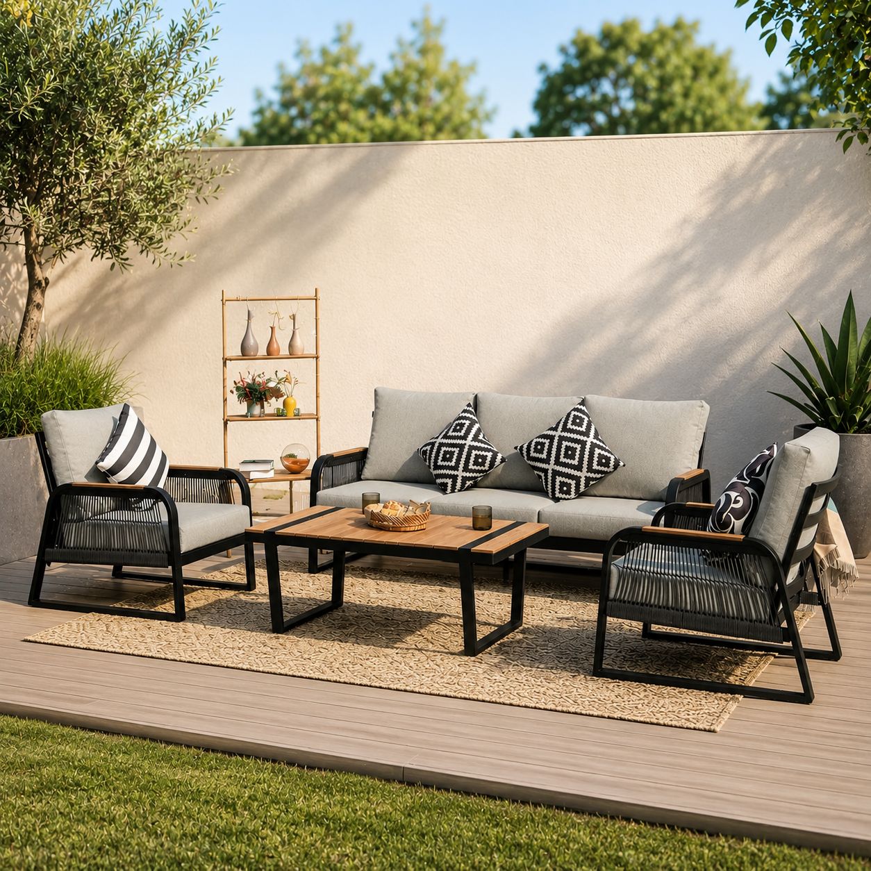 Patio Set - Black Frame - Grey Cushions
