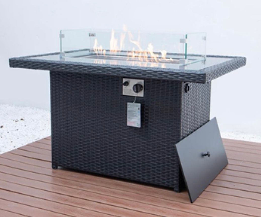 Wicker Fire Pit Table with Glass Wind Guard