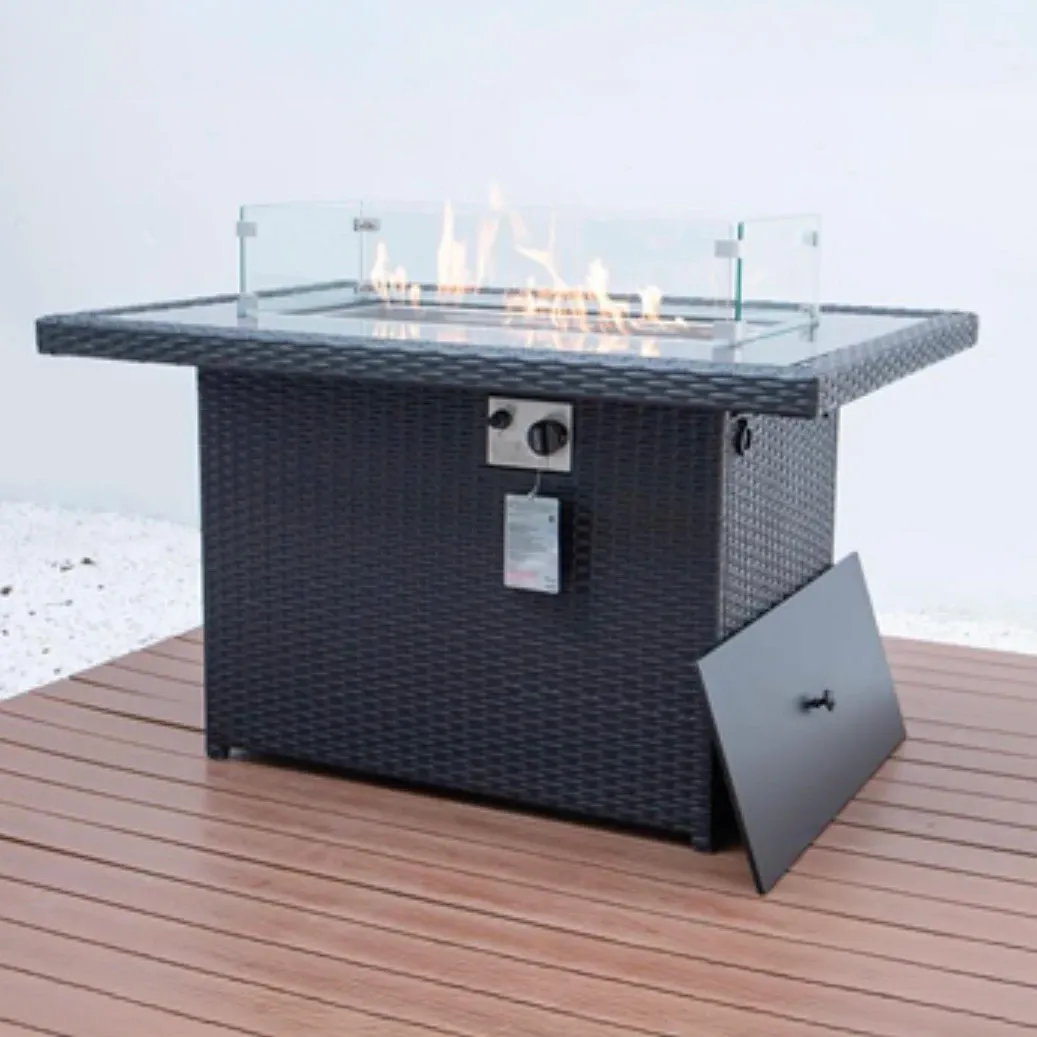 Wicker Fire Pit Table with Glass Wind Guard