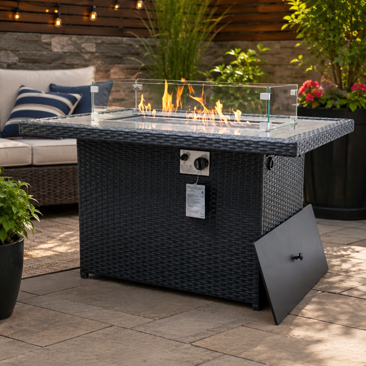 Wicker Fire Pit Table with Glass Wind Guard