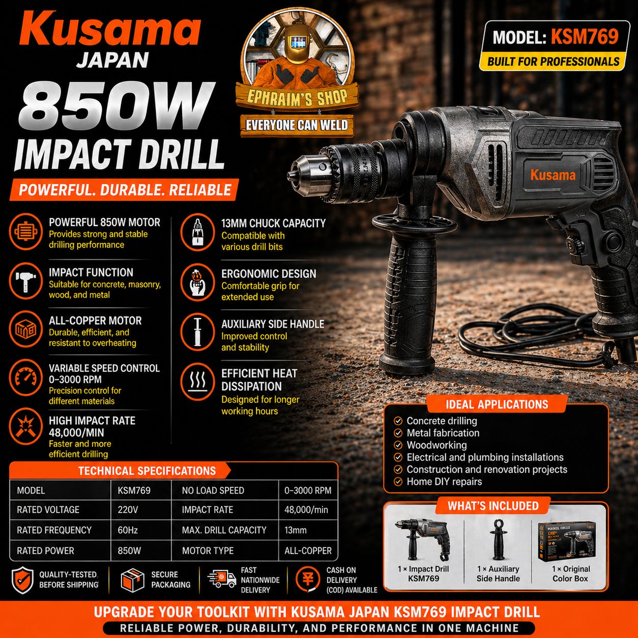 Kusama Japan KSM769 850W Impact Drill (13mm)