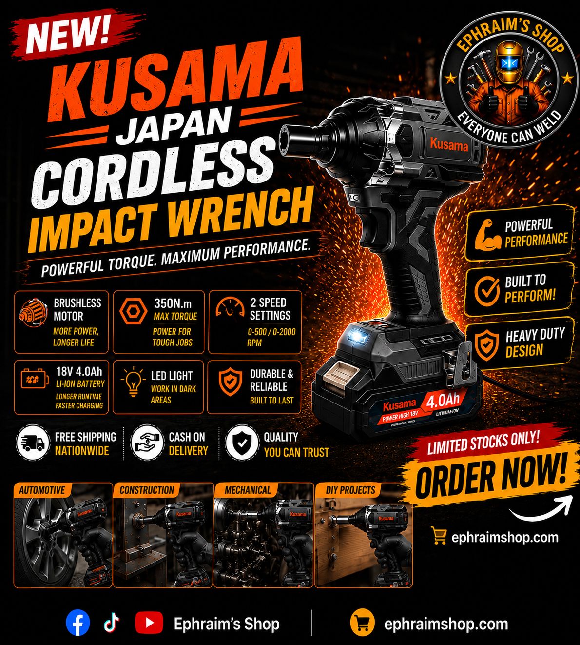 Kusama Japan Cordless Impact Wrench 350N.m | Brushless Motor