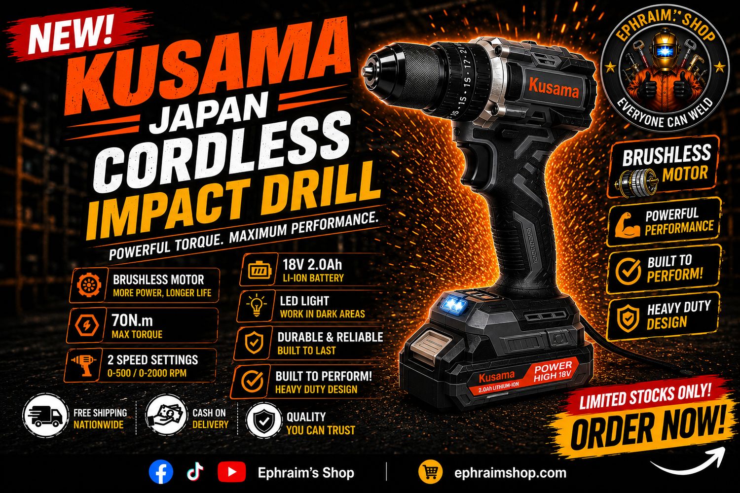 Kusama Japan KSM888 Cordless Impact Drill | 70N.m Torque
