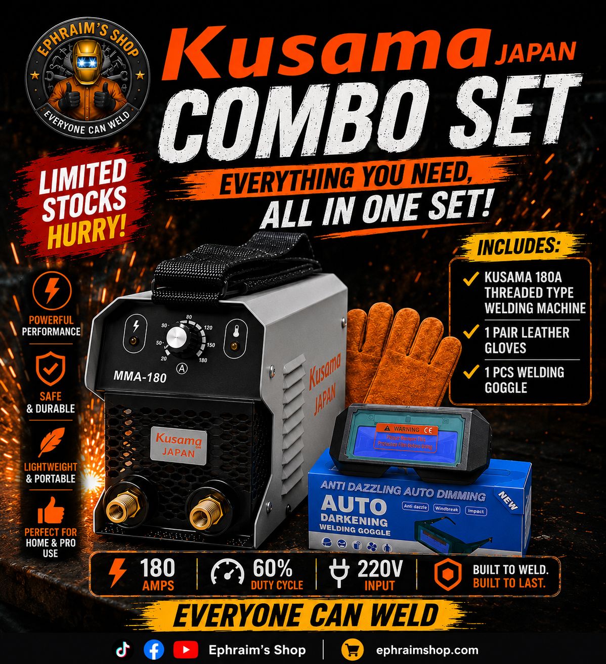 Kusama Japan Welding Starter Kit 180A Threaded Type (Combo Set)
