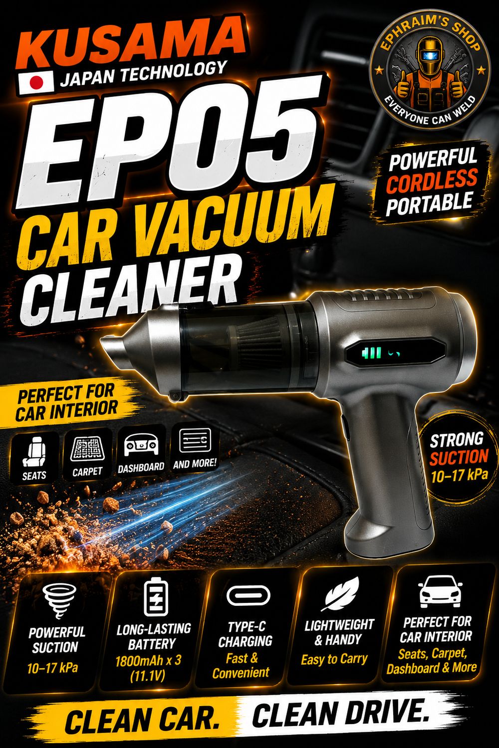 KUSAMA EP05 Car Vacuum Cleaner | Powerful Cordless Car Cleaning