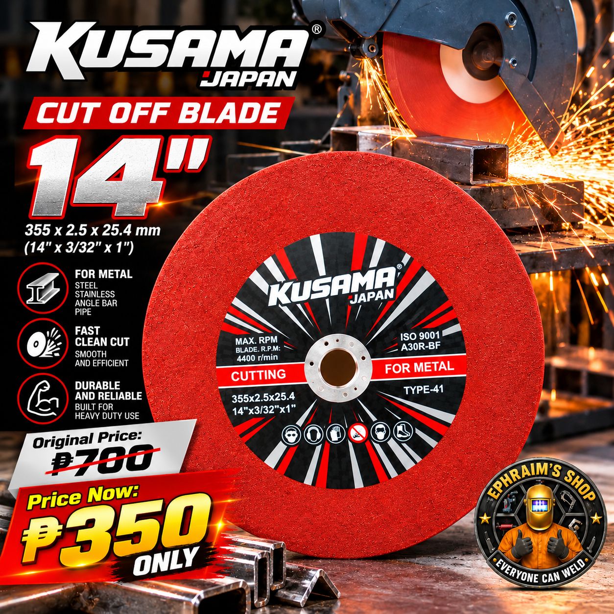 Kusama Japan 14" Cut Off Blade for Metal (355x2.5x25.4mm) Heavy Duty Chop Saw Disc