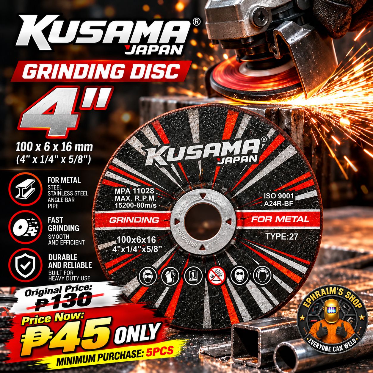 Kusama Japan 4 inch grinding disc for metal 100x6x16mm Type 27 - sale price 45 pesos, minimum 5 pcs