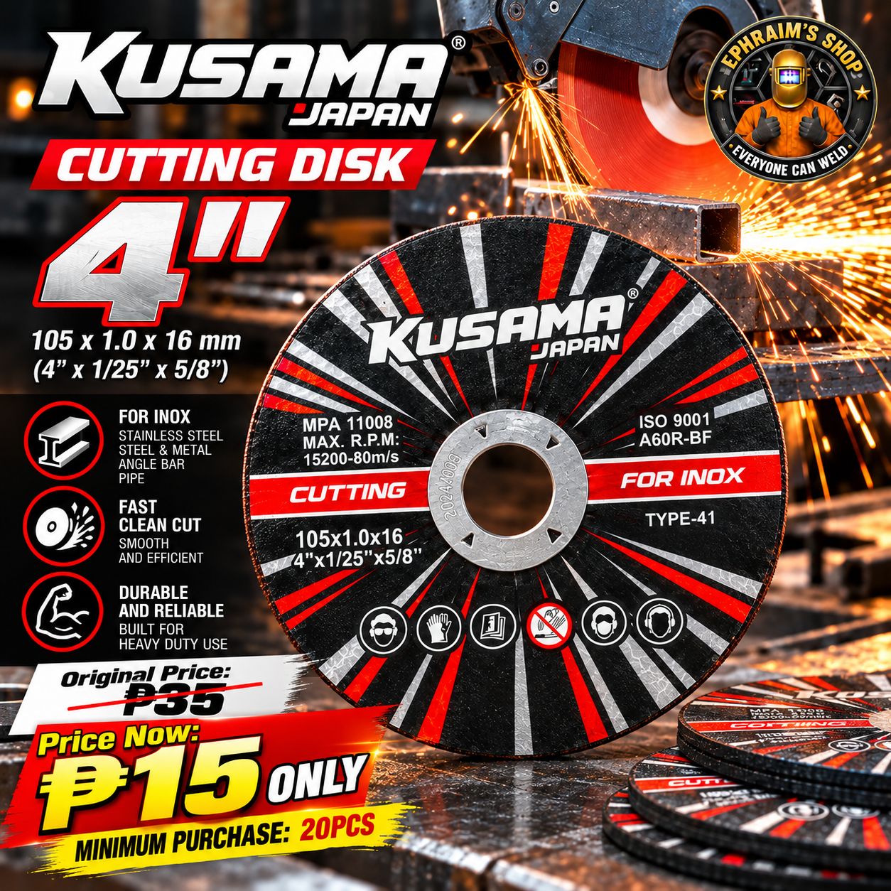 Kusama Japan 4" Cutting Disk for Inox/Stainless (105x1.0x16mm) Ultra-Thin - Min. 20pcs