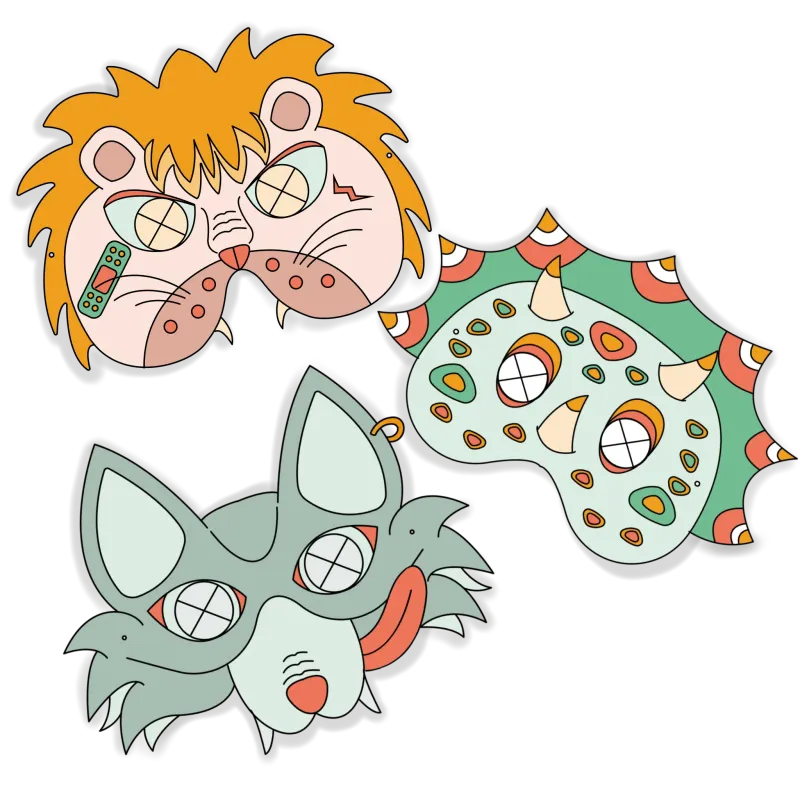 Pack féroce : 3 masques coloriables à l'infini (loup, lion et dinosaure) - DBKIDS