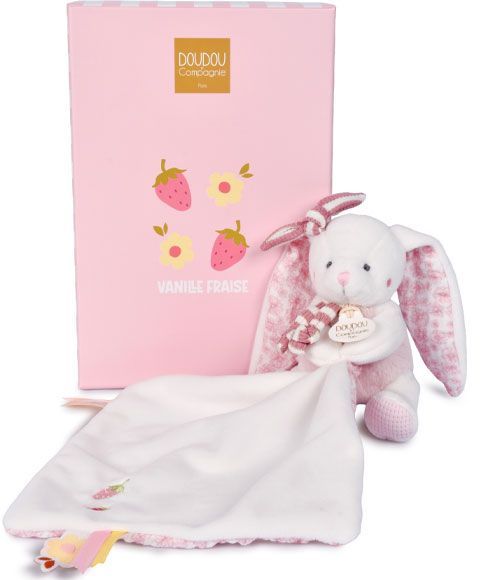 Pantin avec doudou lapin vanille fraise - Doudou et Cie