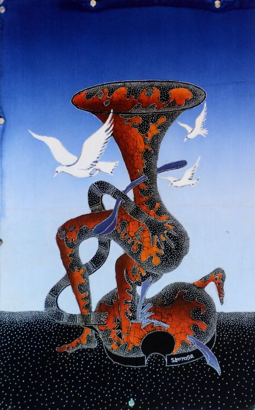 Batik Stoffbild Wandbehang Frau Musik 45 x 75 cm