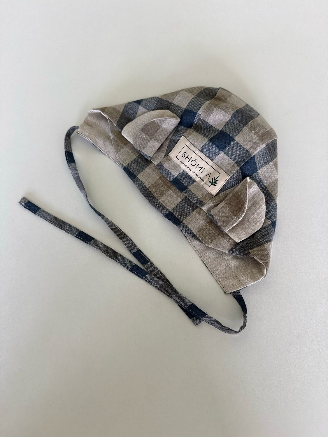BLUE GINGHAM LINEN BONNET 'CAMEL'
