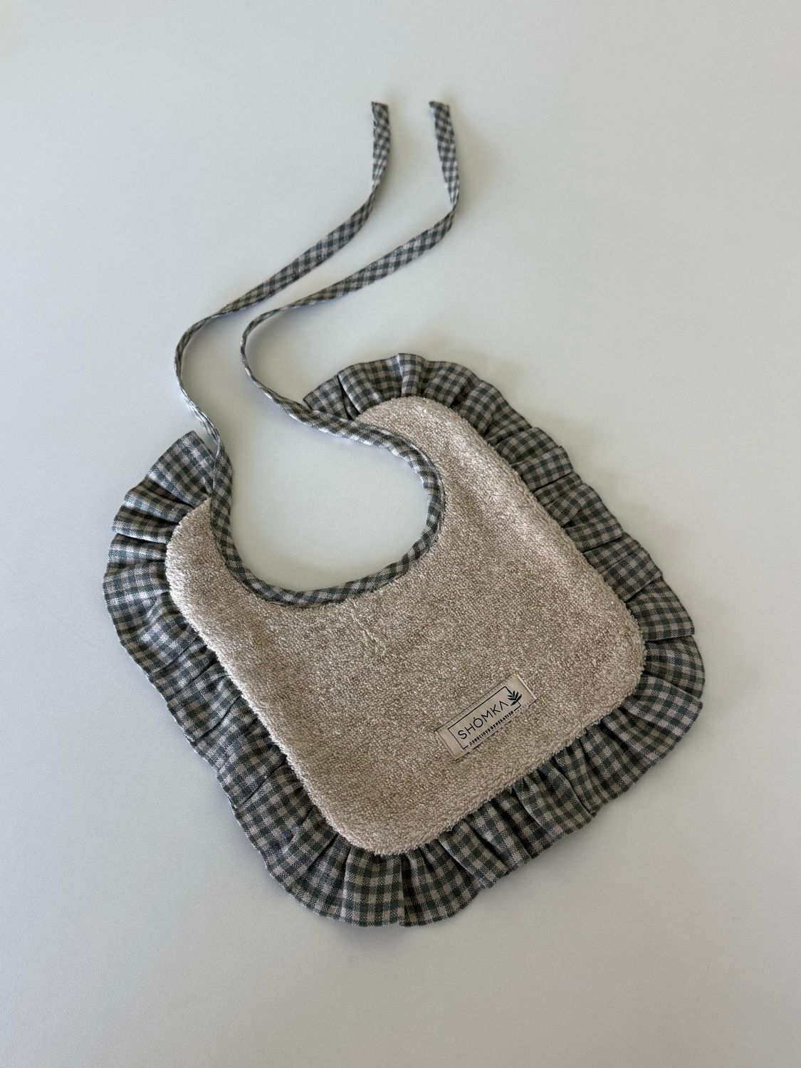 BASIL GINGHAM LINEN BABY BIB 'NATURAL CLASSIC'