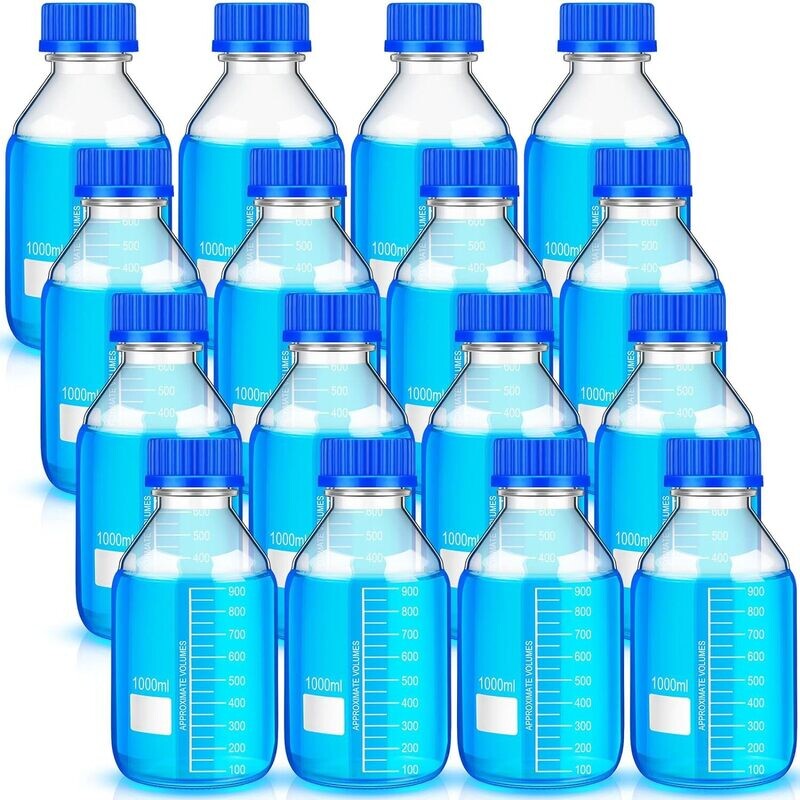 16-Pieces Media Storage Bottles Borosilicate Storage Glass Bottle Scientific Round Graduated Media Bottle with Blue Gl45 Screw Cap for Lab Water Reagent Liquids, Size: 1000ml